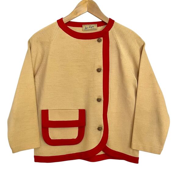 RARE Vintage Don Loper Cream Knit Red Trim Mod Cardigan 3/4-Sleeve Dinner Jacket - Picture 1 of 10